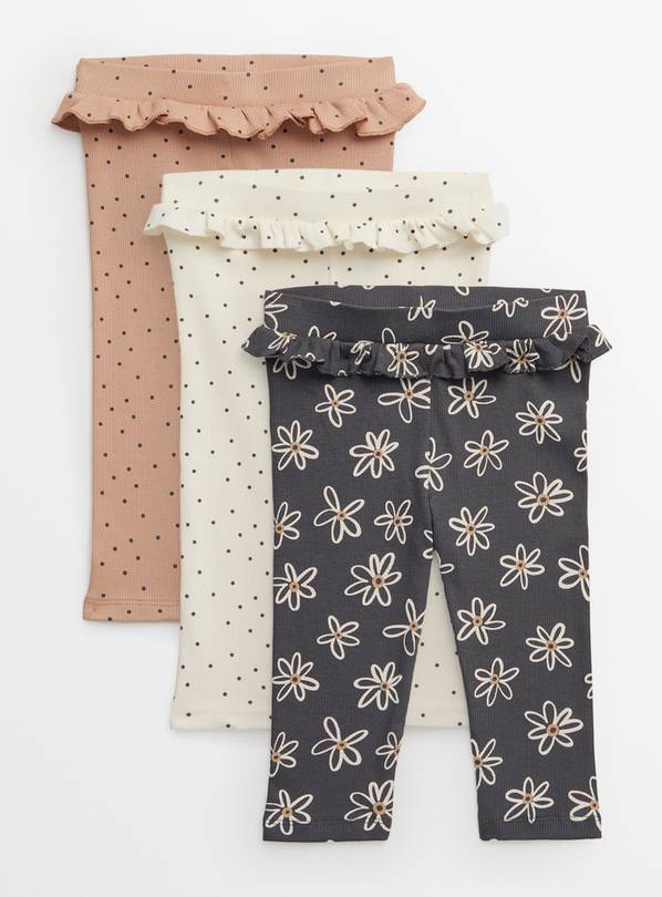 Monochrome Printed Frill Ribbed Leggings 3 Pack 3-6 months